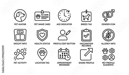 Pet profile icons: avatar, age indicator, breed tag, health status, vaccination records