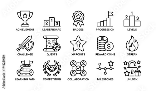 Collection of game icons featuring trophies, progression, challenges, rewards, and collaboration