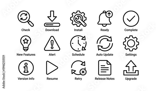 Set of 16 outline icons for app functions and updates