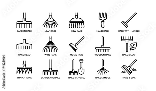 Variety of garden rakes: bow, hand, leaf, metal, landscape, soil, thatch