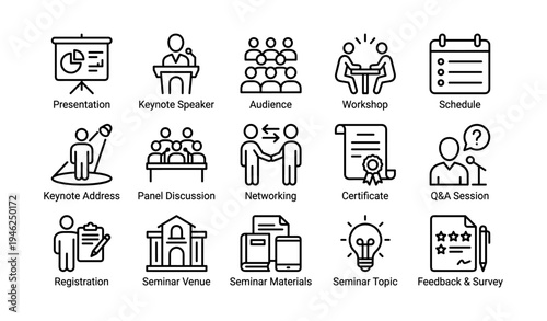 Conference icons: presentation, networking, seminar, registration, workshop, audience