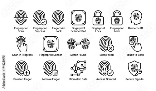Fingerprint unlock icons: biometric verification and secure access interface elements