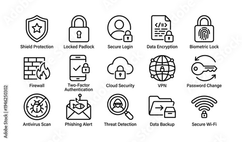 Cybersecurity icons featuring locks, encryption, and threat detection elements