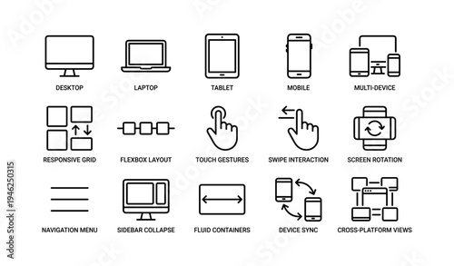 Digital devices and interface icons for responsive design and cross-platform compatibility