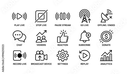 Streaming icons set: play, pause, chat, broadcast, analytics, settings, donations