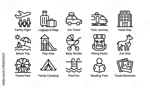 Family travel icons illustrating diverse activities and transportation modes