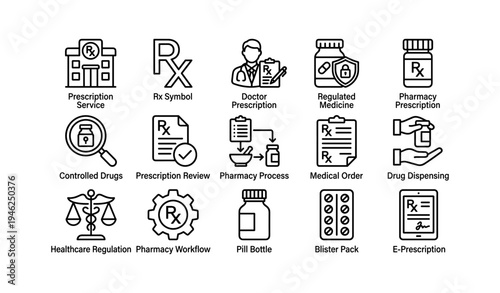 Medical icons overview: prescription, pharmaceutical, healthcare, doctor, pharmacy symbols
