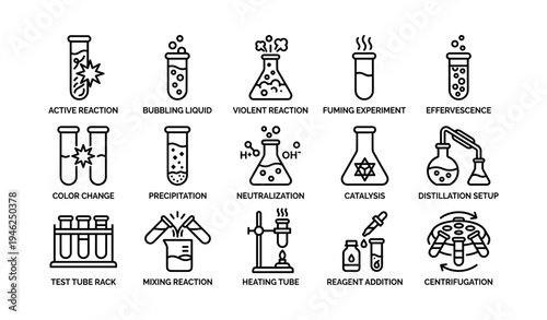 Illustrated chemistry icons depicting various lab reactions and experiments