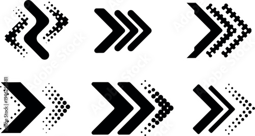 A collection of stylized black arrows with dotted effects on a white background