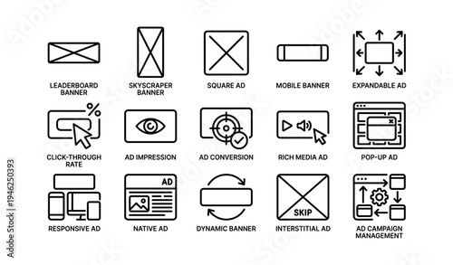 Digital advertising icons set: banners, conversion, media, campaign management, mobile