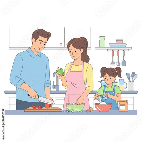 Family Cooking Together in Kitchen: Parents and Daughter Prepare Meal