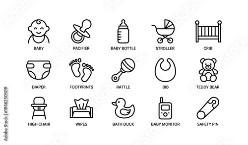 Baby essentials icon set: pacifier, stroller, crib, diaper, teddy bear
