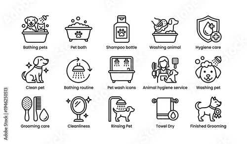 Pet care icons: bathing, grooming, hygiene for dogs and cats