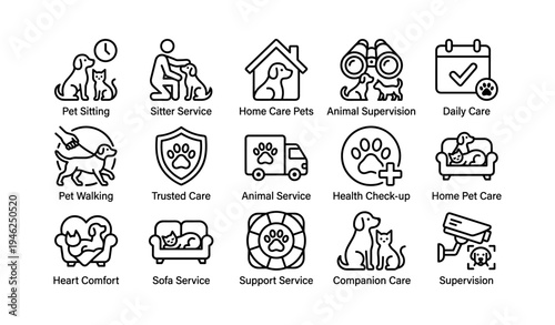 Pet care icons: sitting, walking, home services, supervision, health check-up