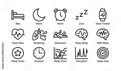 Sleep monitoring icons: heart rate, rem, zzzs, sleep goal, alarm