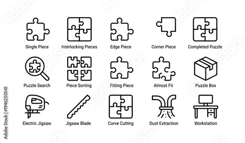 Puzzle pieces and tools icons - interlocking, edge, corner, jigsaw, workstation