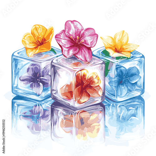 Edible Flowers Frozen Inside Sparkling Ice Cube with Reflection , vector style simple color