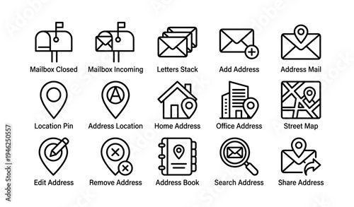 Mailbox icons collection: location, home, office, street map symbols