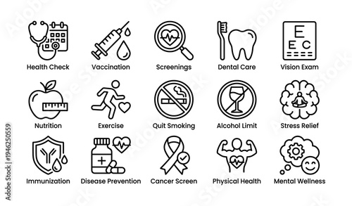 Icons illustrating health prevention and wellness activities