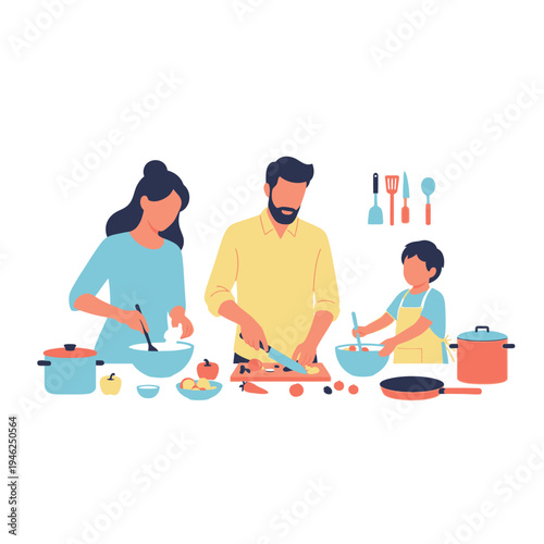 Family Cooking Together: Parents and Child Prepare Meal in Kitchen