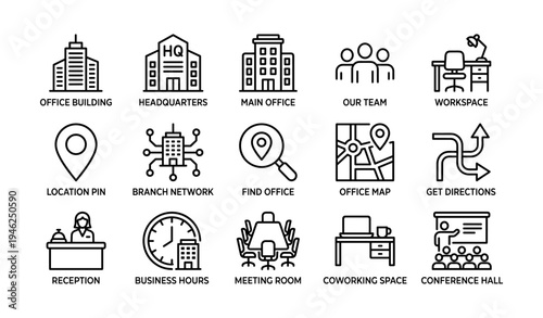 Office icons for business and workspaces featuring locations and team elements