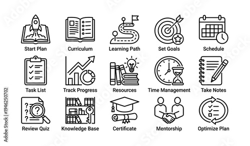Education and learning icons set for curriculum planning and goal setting