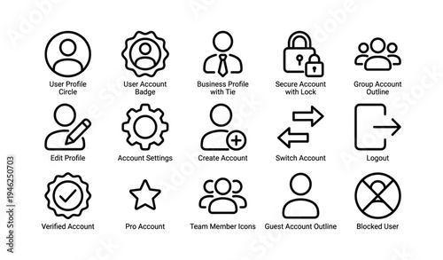 User interface icons: account profiles, settings, security, and user management