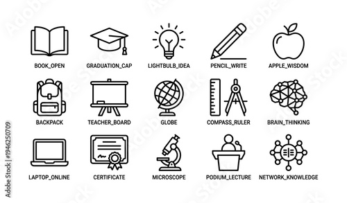 Education icons: book, graduation cap, lightbulb, pencil, apple, backpack, board, globe, ruler, brain, laptop, certificate, microscope, podium, network
