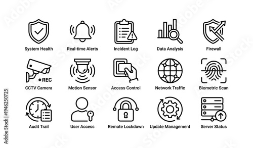 Cybersecurity and network management icon set featuring system health and data analysis