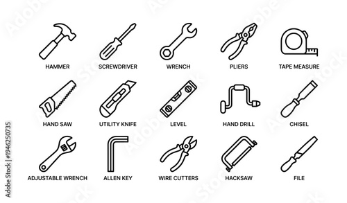 Collection of various hand tools including hammer, screwdriver, wrench, and more