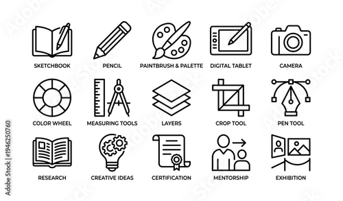Design tools and techniques icons for creative professionals