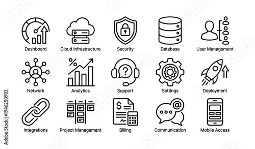 Business technology icons: security, analytics, cloud infrastructure, user management