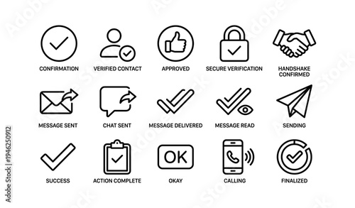 Essential communication and verification icons for messages and actions