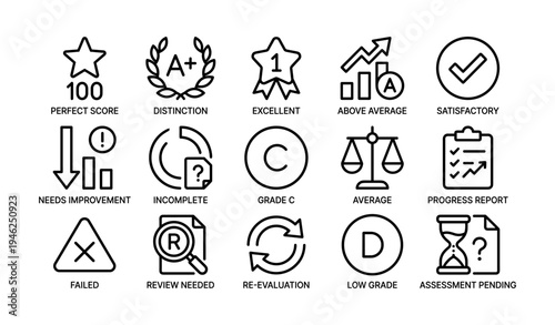 Education assessment icons: progress, grades, evaluation, and achievement symbols