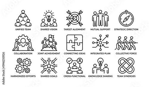 Collaboration icons: unified team and shared vision in organizational strategy