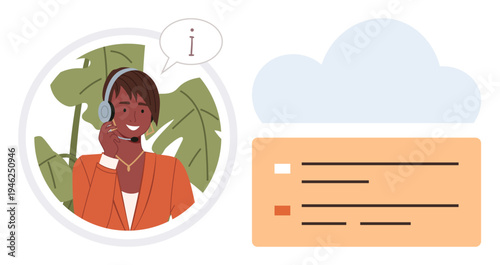 Customer service, communication, call center, remote work, business solutions, information sharing. A smiling agent with a headset and a cloud diagram. Customer service and communication concept