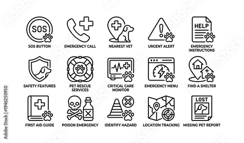 Emergency pet safety icons: sos button, rescue services, and alerts
