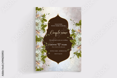 WEDDING INVITATION FRAME WITH FLOWER DECORATIONS AND FRESH LEAVES