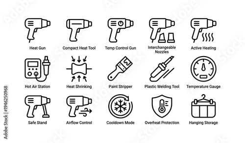 Heat gun icons collection: tools and accessories for temperature control and protection
