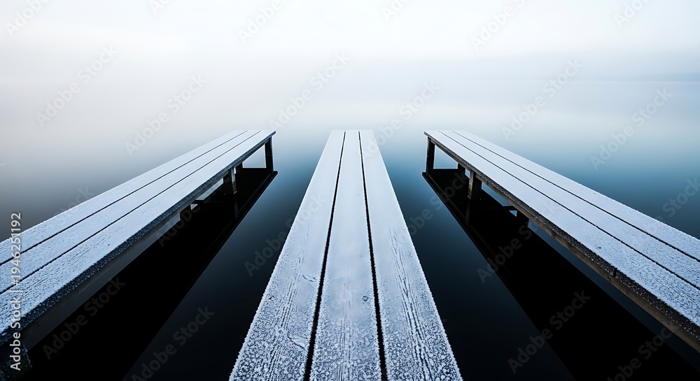 Fototapeta premium Wooden Pier Extending into Calm Water Under a Cloudy Sky.
