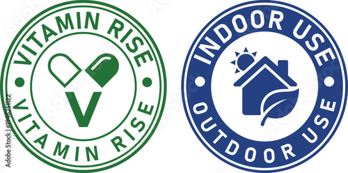 Vitamin Rise and Indoor Outdoor Use Badge Set - Green Blue Circular Seal Labels with Supplement Capsule House Sun Icons for Product Packaging Design