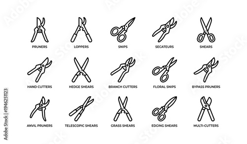 Various garden tools collection: pruners, loppers, snips, shears, and cutters