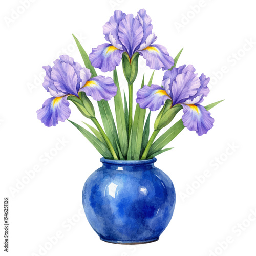 A watercolor illustration of Dutch iris flowers in a vase for spring floral decor, botanical illustrations, home decoration designs, and elegant flower arrangements.