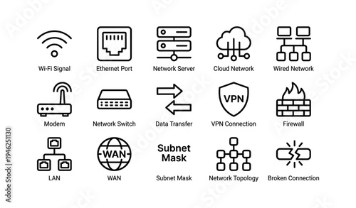 Network icons set: wi-fi, ethernet, server, cloud, vpn, firewall