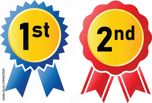 1st 2nd Place Award Ribbons Set - Blue Red Winner Medal Badges for Competition Contest Ranking Achievement Recognition Design Elements