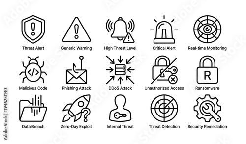 Cybersecurity icons collection: alert symbols, threat detection, and security measures