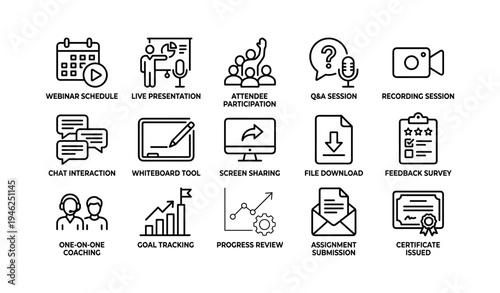Webinar icons for online learning and engagement tools overview