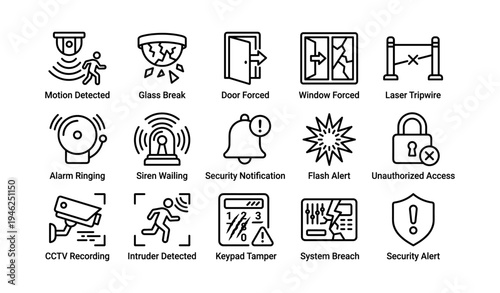 Security system icons: motion detection, glass break, alarm, cctv, security shield