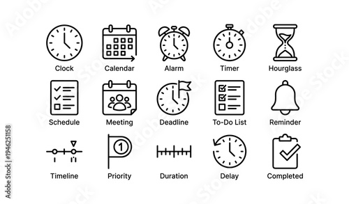Time management icons: clock, calendar, alarm, timer, schedule, meeting, deadline, to-do list, reminder, timeline, priority, duration