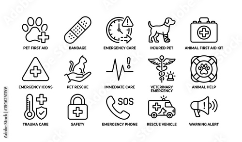 Pet emergency care symbols: first aid, rescue, trauma, animal help icons